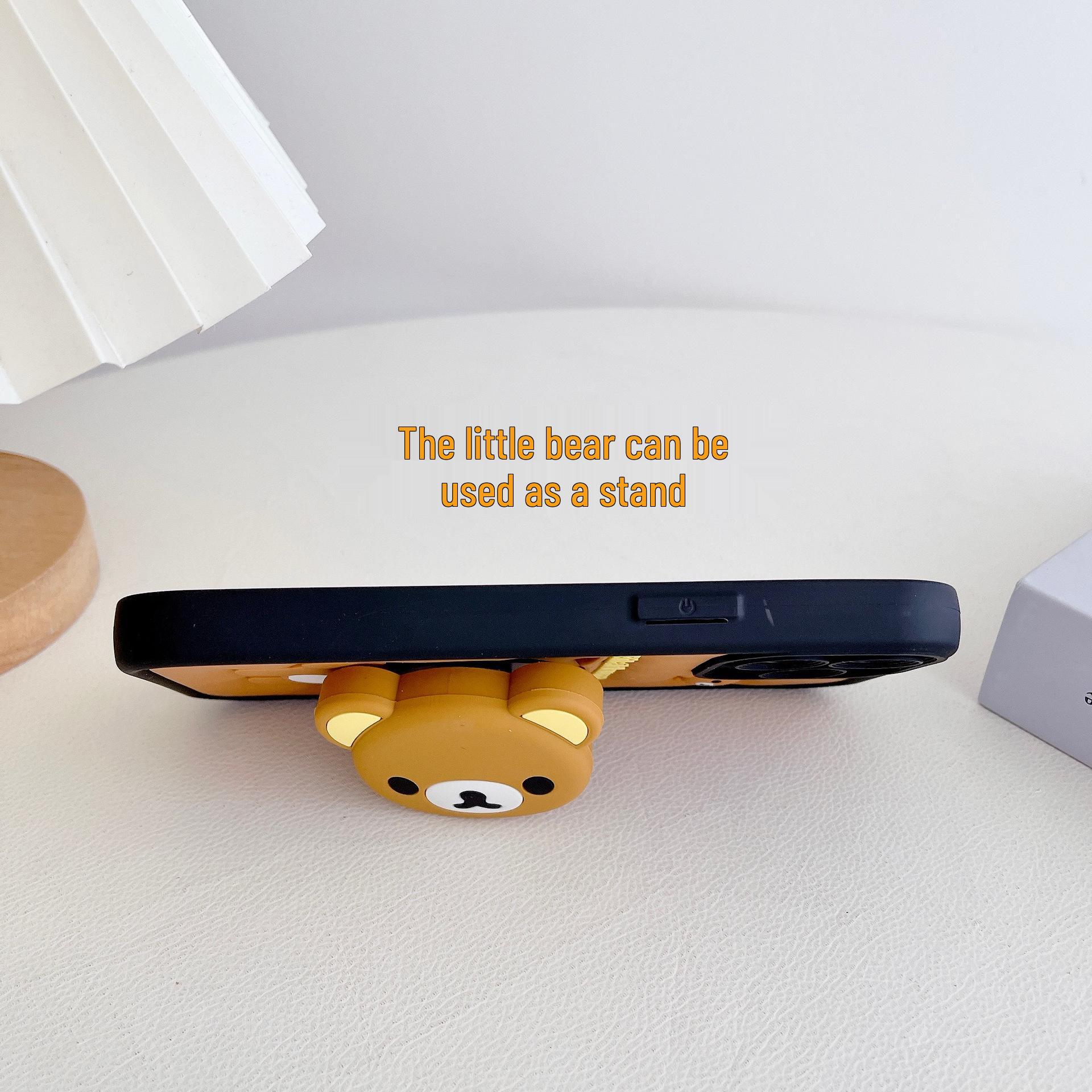 

3D Stereo Rilakkuma Silicone Shockproof Phone Case with Kickstand for iPhone 15/16/17 - Cute Cartoon Trendy Design чёрный