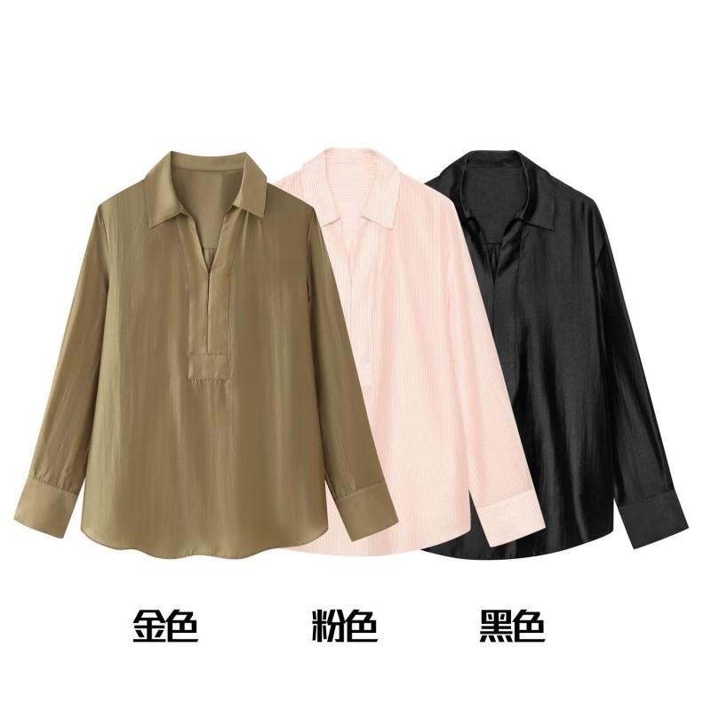 Womens Long Sleeve Collared Shirt Loose Fit Solid Color Office Casual Top