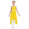 Mädchen Lyrical Tanzkostüm Glänzende Strasssteine Ein Schulter Ärmellos Cutout High Low Fließendes Netzkleid Tanzkleidung