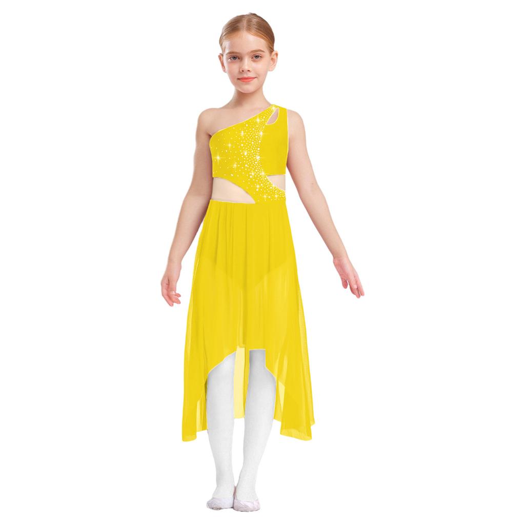 Mädchen Lyrical Tanzkostüm Glänzende Strasssteine Ein Schulter Ärmellos Cutout High Low Fließendes Netzkleid Tanzkleidung