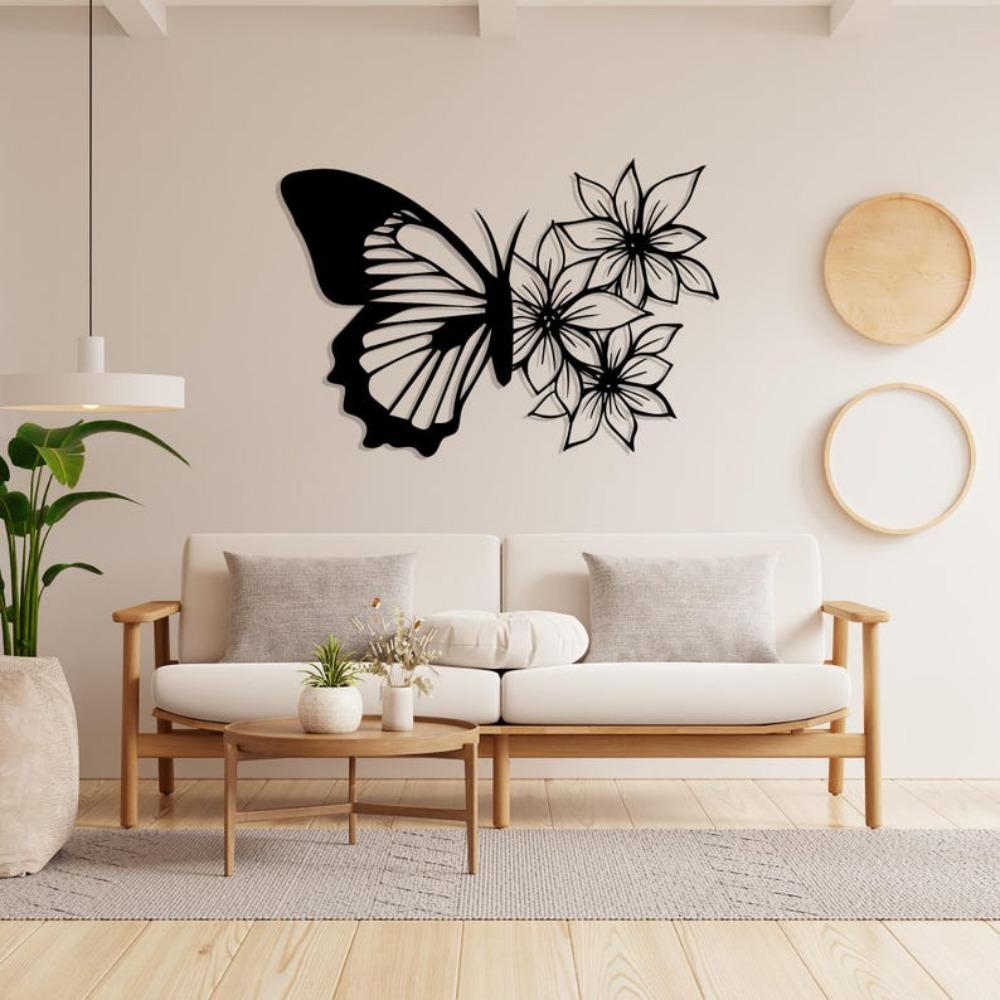 Black Metal Butterfly Flower Wall Art, Textured Steel Decor
