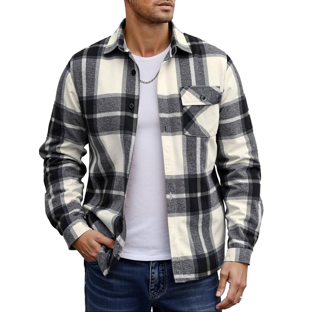 Men's Casual Long-sleeved Lapel Flannel Checked Button Shirt