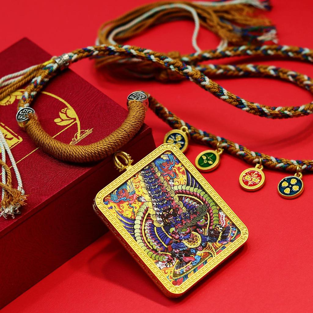 Tibetan Gold Thangka Mahakala Vajrapani Pendant with Rope Necklace