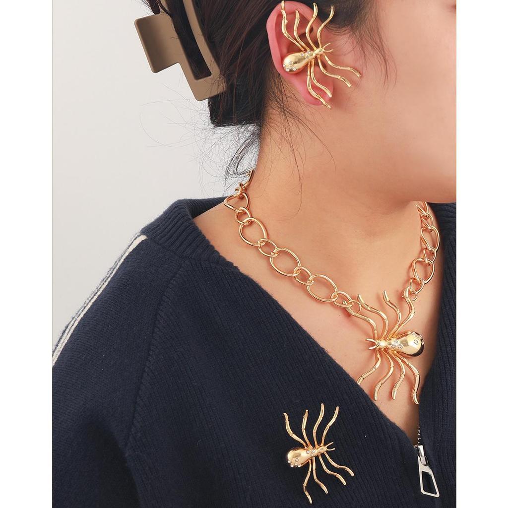 Exaggerated Gold Alloy Spider Pendant Necklace, Ring, Brooch, and Earrings Set