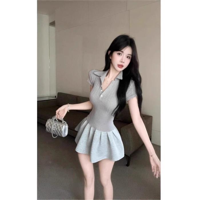 Fashion new gray POLO neck splicing fake two-piece dress women's summer waist pleated short skirt children sweet