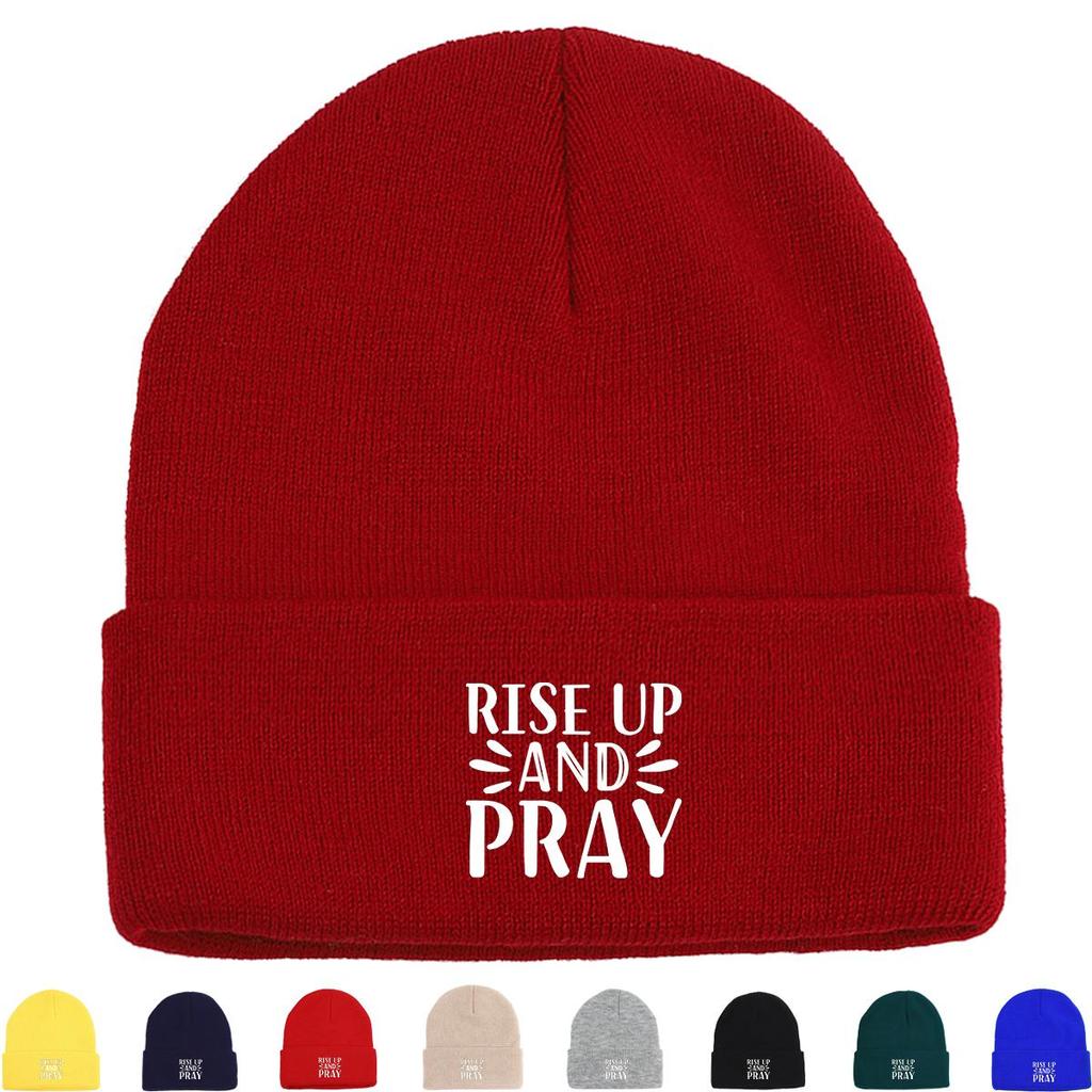 RISE UP AND PRAY" Print Knitted Hat Beanie, Skullies Beanies Warm Cozy Stylish Headwear Knit Cap Beanie