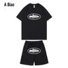 Summer European & American Devil's Prison Design Unisex T-shirt and Shorts Two-Piece Set