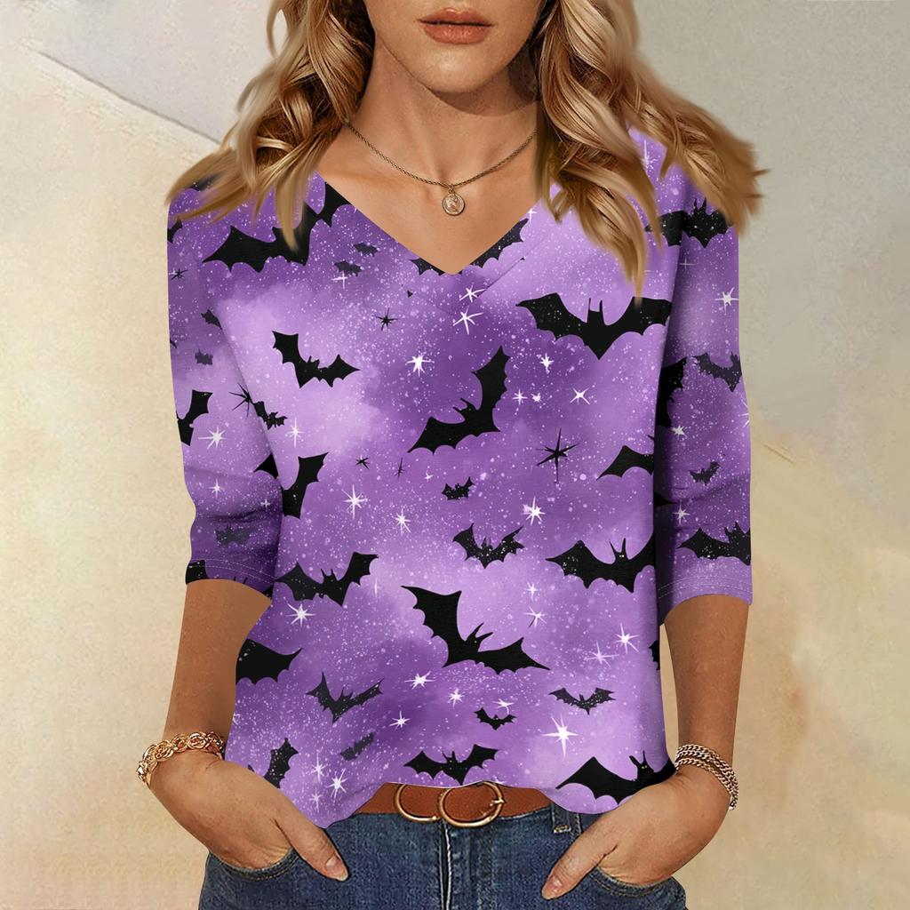 Womens Casual V Neck Three Quarter Sleeve Top Halloween Print Loose Fit Pullover Shirt Lightweight Soft Fabric