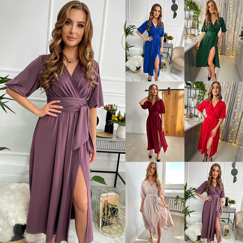 2023 Women's V-Neck Lantern Sleeve Maxi Dress with Waist Tie & Slit