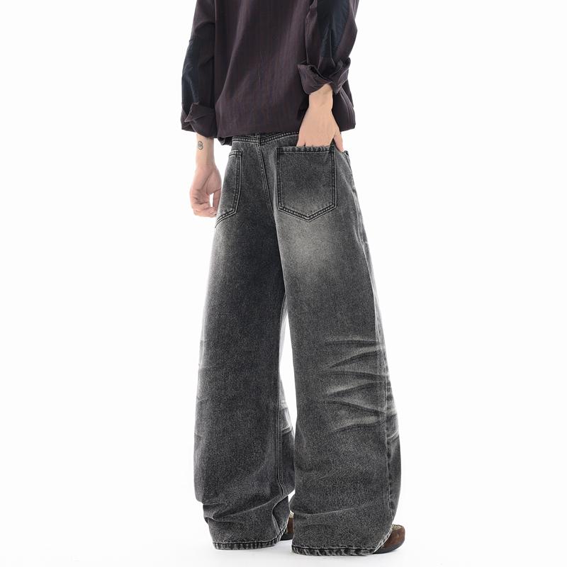 Retro Washed Workwear Jeans, Men's Wide Leg Pants, Straight Leg Pants