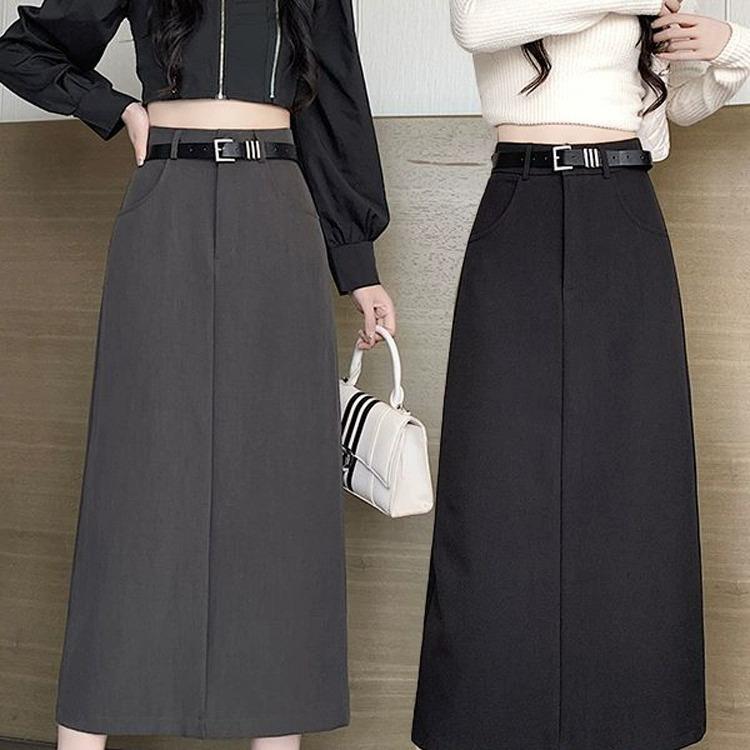 

Women s Petite Gray High-Waist A-line Bodycon Midi Skirt with Slit for Autumn/Winter 2025 Extra Small