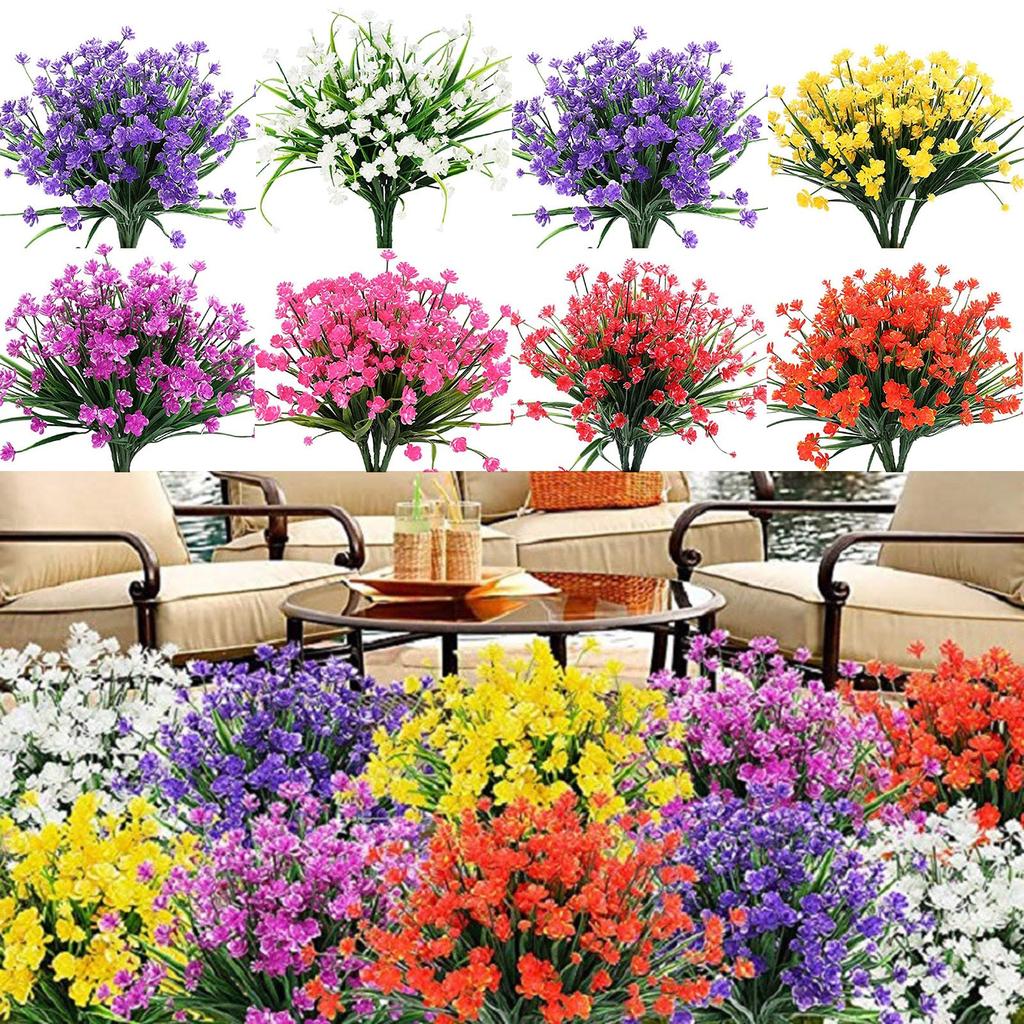 8 Bundles Babysbreath Outdoor Artificial Fake Flowers UV Resistant Shrubs Plants, Faux Plastic For Indoor Outdoor Garden Porch Window Box Home Decor
