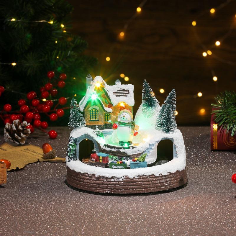 Christmas Rotating Resin Luminous Music Box Ornament Rotating Small Train Decorations Christmas Gifts 1pcs