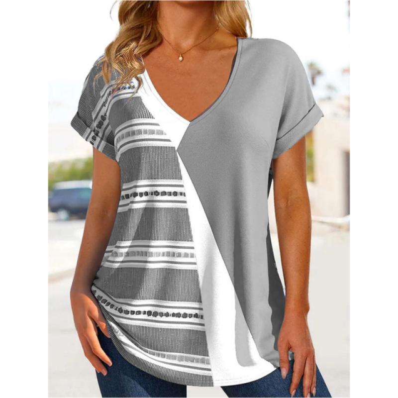Sommer Damen T-Shirt Personalisiert Zweifarbiger Spleißdruck Wunderschöner V-Ausschnitt Kurzarm Street Trend Damen Gestreiftes T-Shirt