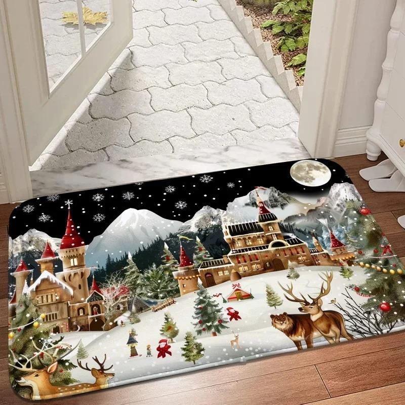 Christmas Theme Printed Welcome Door Mat Non-Slip Dirt Resistant Door Mat Bedroom Bed Comfort Carpets Living Room Floor Mat