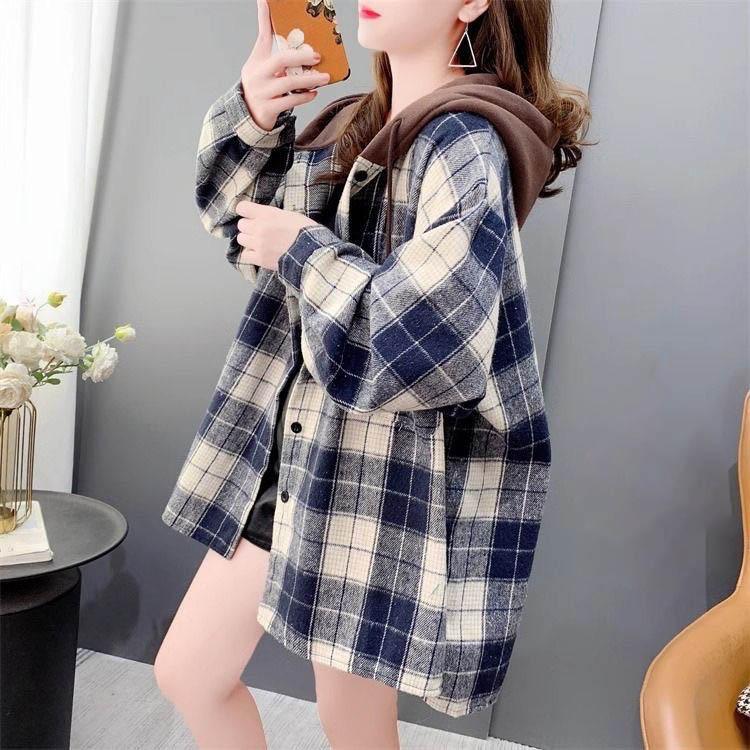 Thickened Jacket Female Winter Hooded Padded Shirt Loose Medium-length Casual Versatile Hooded Plaid Jacket Top Coat