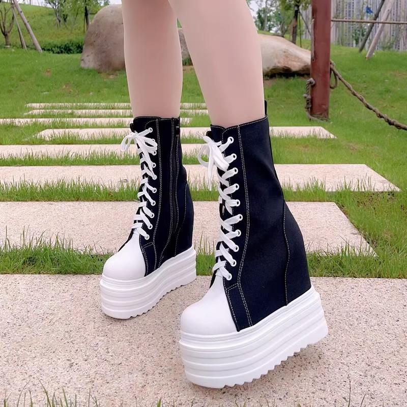 14CM Denim Women Spring Ankle Boot High Brand Platform Wedge Autumn High Brand Skateboard Breathable Shoes