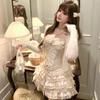 Vintage Bow Lace Sling Top Tank Chic Slim Ruffle Short Skirt Sleeveless Sexy Outfit Fluffy Cake Skirt Spicy Girls