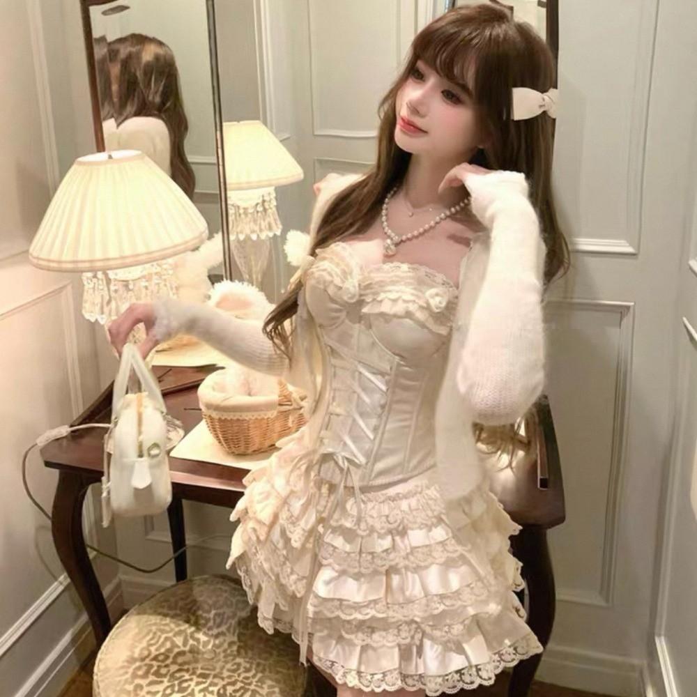 Vintage Bow Lace Sling Top Tank Chic Slim Ruffle Short Skirt Sleeveless Sexy Outfit Fluffy Cake Skirt Spicy Girls
