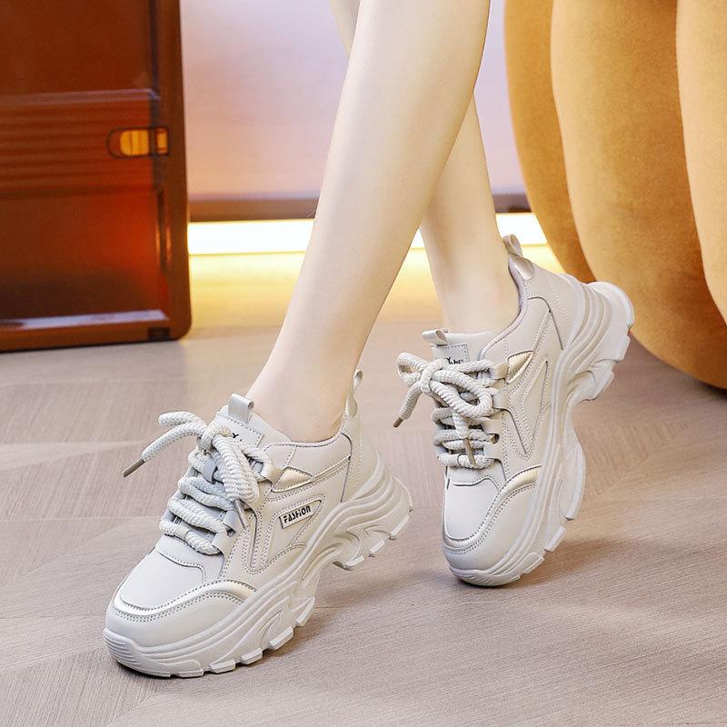 Leather Fashion Casual Sports Shoes Ins Tide Explosion Spring and Autumn 2025 New Models Step On Shit Feeling Thick Soles Dad Shoes Girl