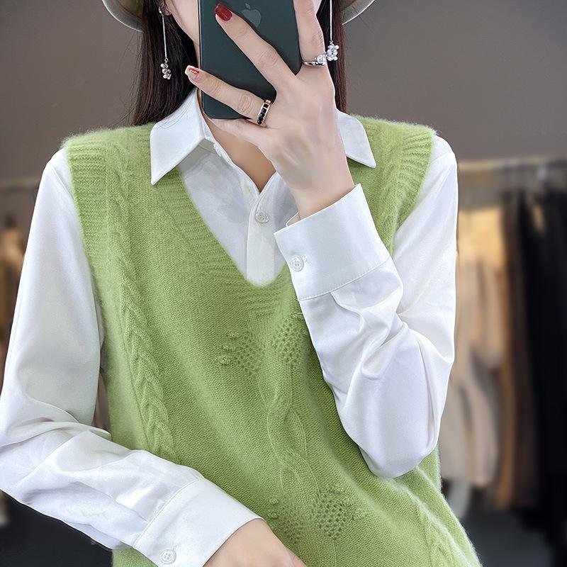 Pletená vesta s výstřihem do V Dámská podzimní a zimní móda Univerzální vesta bez rukávů Žakárový spodní top