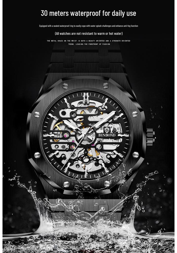 Binbang Men's Automatic Waterproof Skeleton Mechanical Watch - High-End Alloy Design