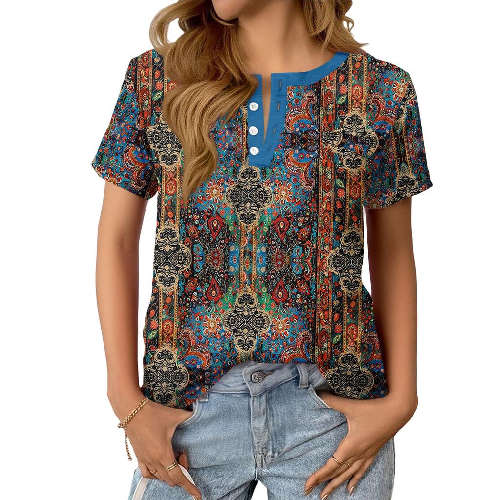 Modieuze Casual Dames Zomer Top met Retro Print, V-hals, Knopen en Korte Mouwen