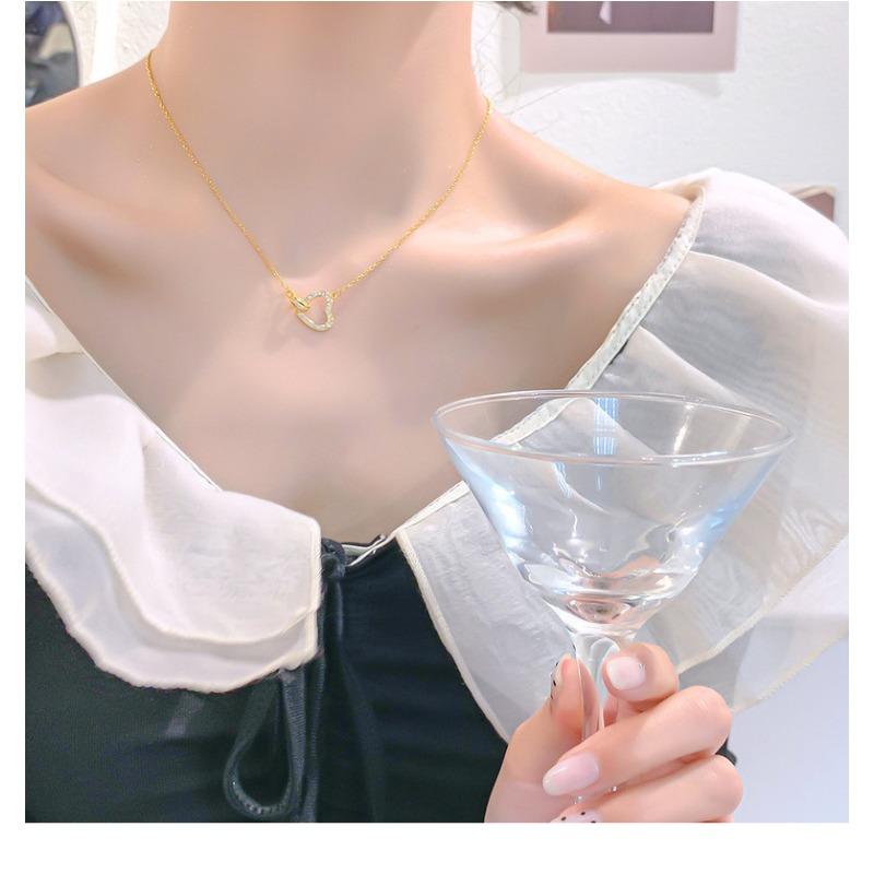 Korean Japanese Style Rhinestone Heart Double Ring Titanium Steel Clavicle Necklace For Women