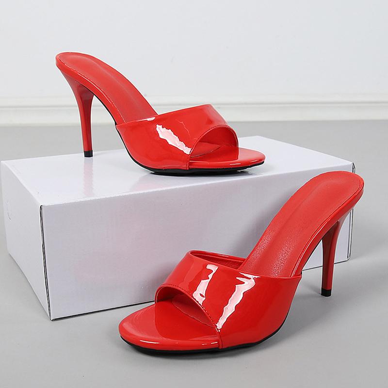 Fashion Liyke Black Patent Leather Women Slippers Sandal Fashion Round Open Toe Mules High Heels Slides Summer Party Dress Shoes Size 43