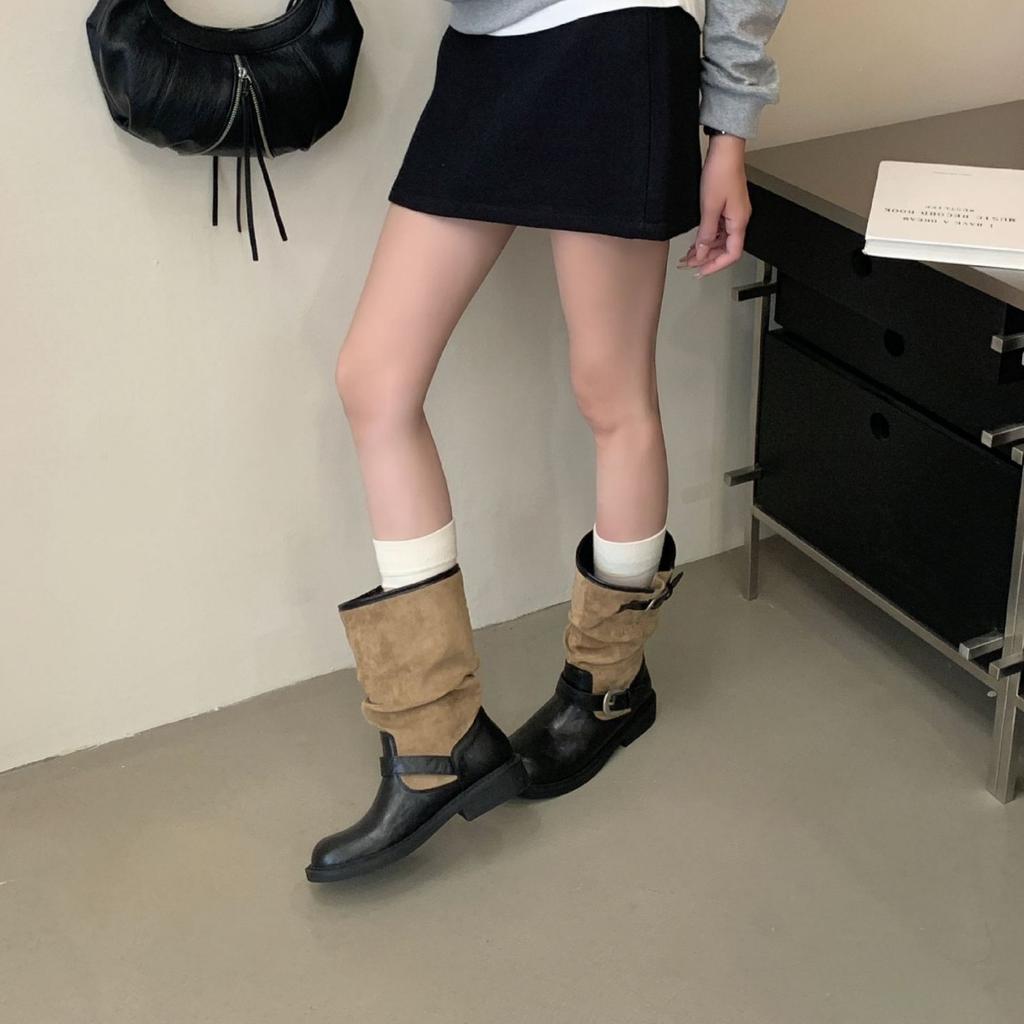 Belt buckle stack boots women's autumn versatile sleeve short boots knight style wide boots autumn new