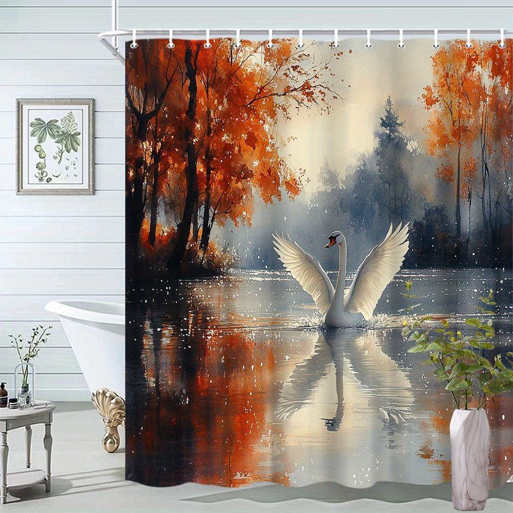 

1Pc Swan Elegant Water Scene Animal Autumn Watercolor Pattern Shower Curtain Bathroom Decor Polyester Fabric With 12 Hooks W60H190(CM)-1 Pcs