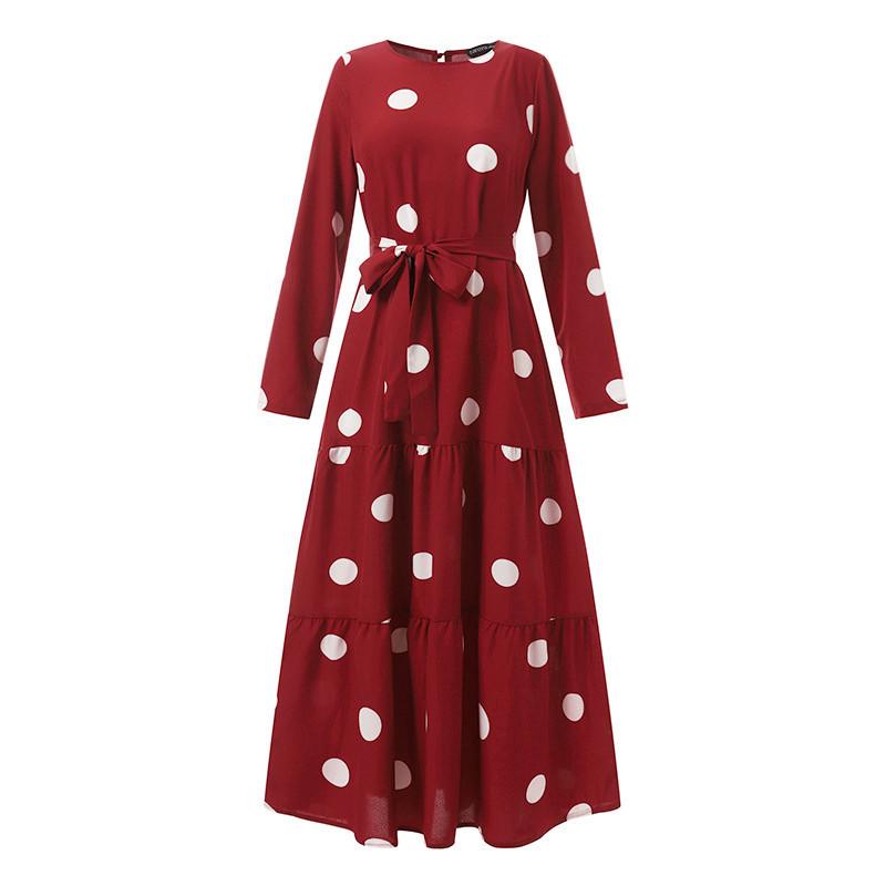 2023 Middle Eastern Muslim Polka Dot Print Maxi Dress with Belt