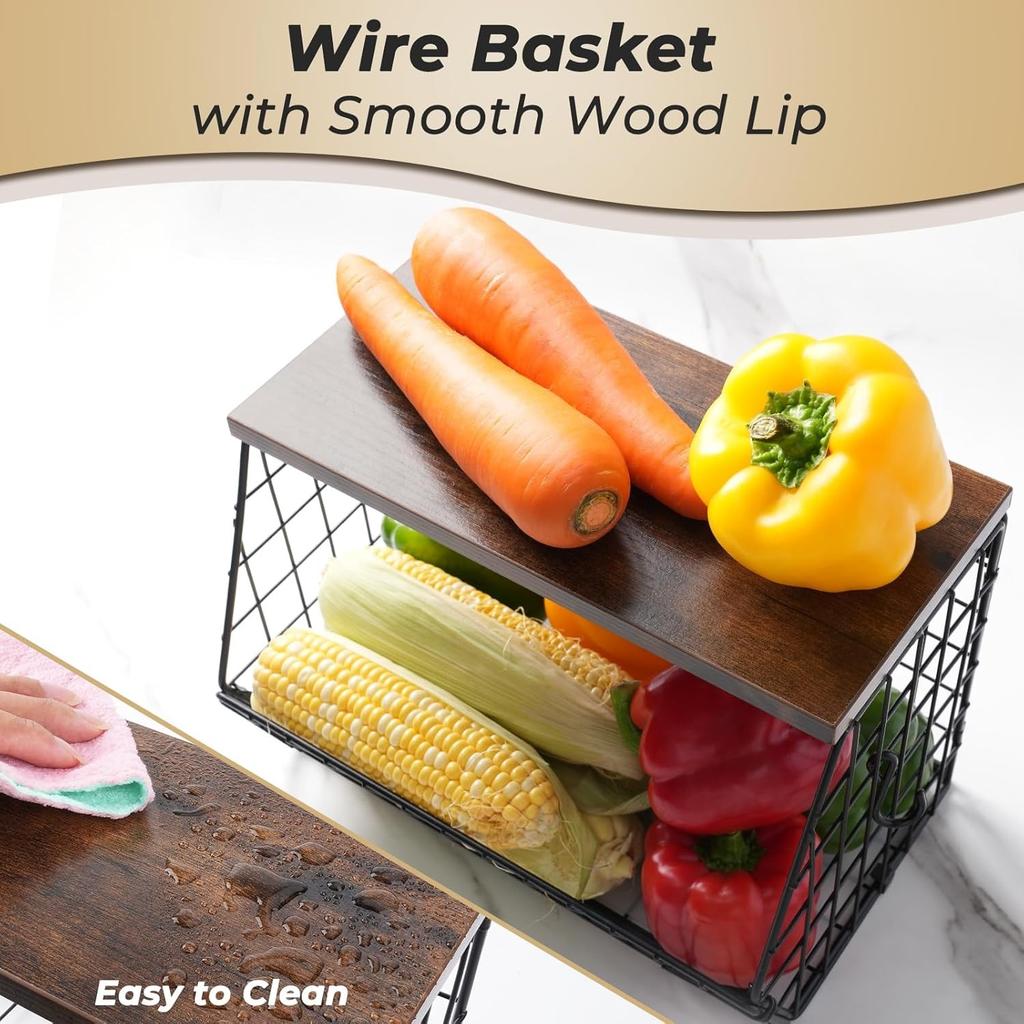 Fruit Basket, 2 Tier Fruit Basket, 2pcs Kitchen Organizer Basket with Wooden Lid Stackable and Wall Mountable Basket for Snacks and Vegetables Storage