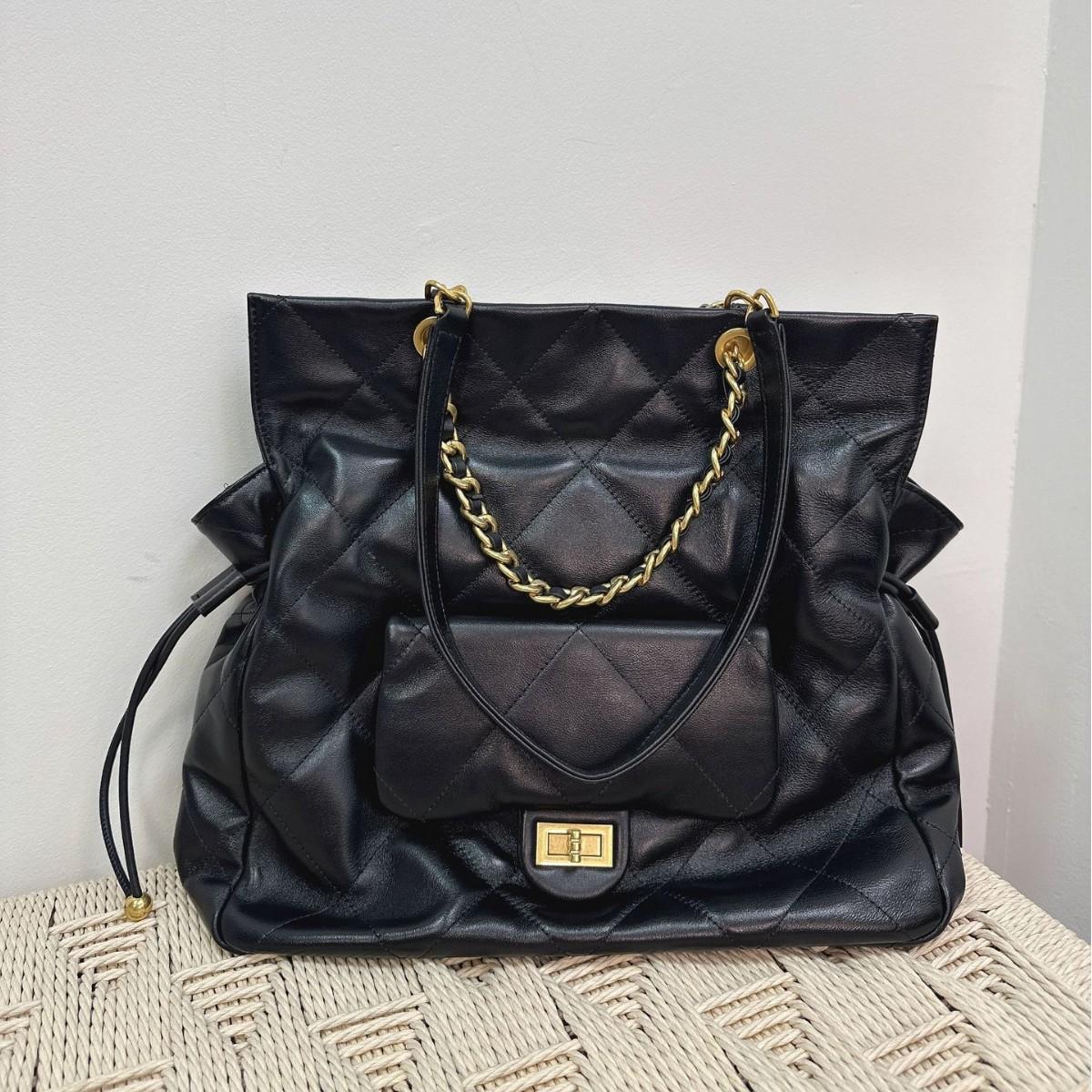 Drawstring big lucky bag sheepskin tote bucket bag genuine leather rhombus chain bag women s hand shoulder armpit bag 31*30*10cm чёрный