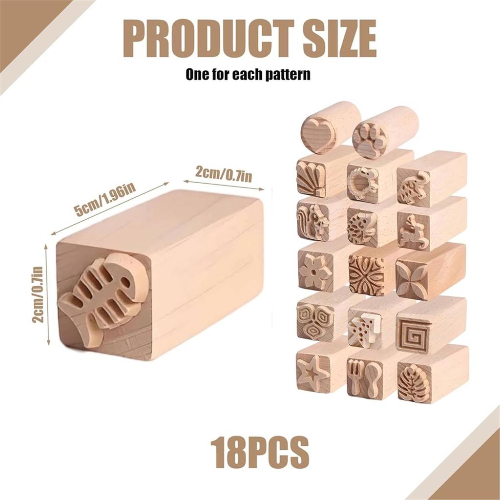 2026 New 18 Pcs Clay Modeling Pattern Stamp Kit, Wooden Clay Pottery Stamps Pottery Tool Wood Block Stamp, Pottery Tools Set