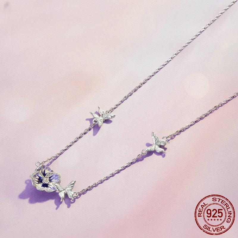 Bamoer 925 Sterling Silver Purple Enamel Pansy Flower Pendant Necklace Dancing Butterfly Adjustable Neck Chain for Women BSN336