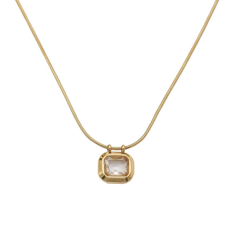 Accessories French Vintage Geometric Sugar Cube Zircon Pendant Necklace Women'S 18K Gold Stainless Steel Clavicle Chain