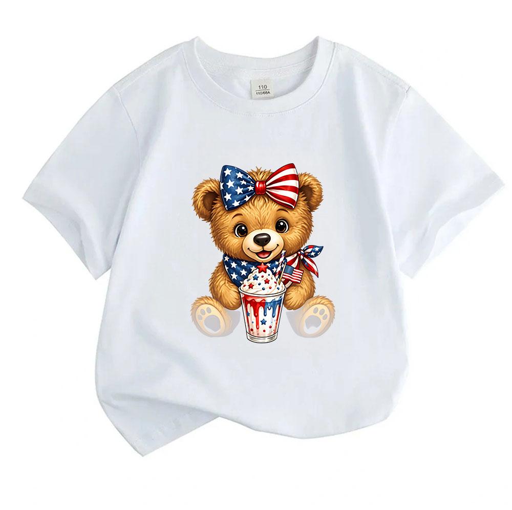 Kids Boys Girls 100% Cotton Crew Neck Short Sleeve T-Shirt, Cute Patriotic Brown Bear American Flag Bow Milkshake Print 4th of July Casual Summer Tee