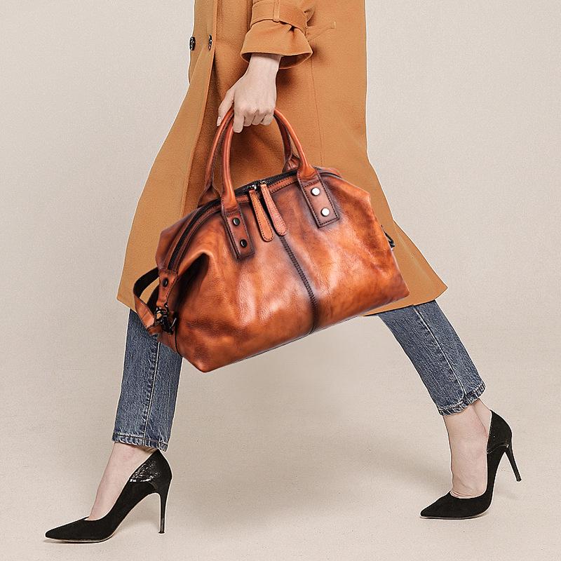 2025 European & American Retro Cowhide Women's Handbag - Top Layer, Color-Rubbed, Single Shoulder & Crossbody, Large Capacity