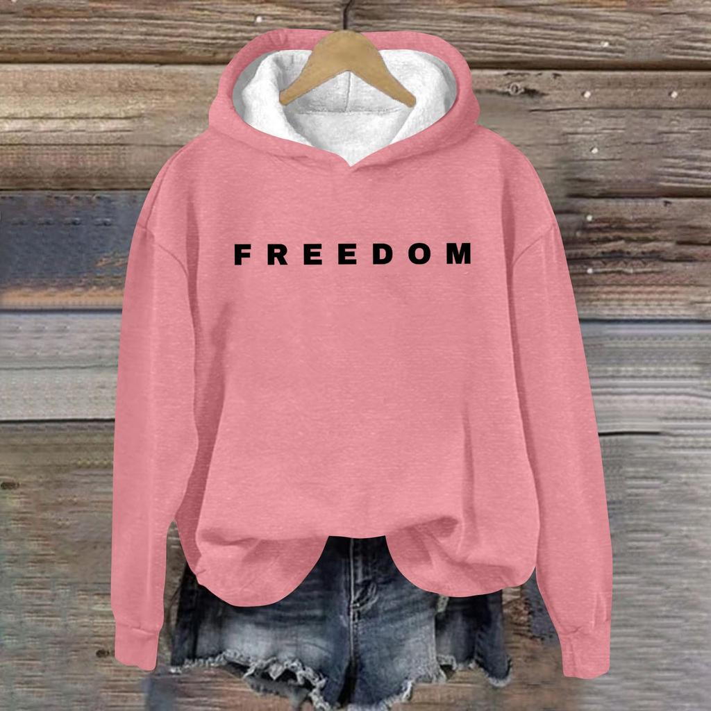 Women's Loose And Comfortable Round Neck Long Sleeved Hooded Sweatshirt With Printed Text