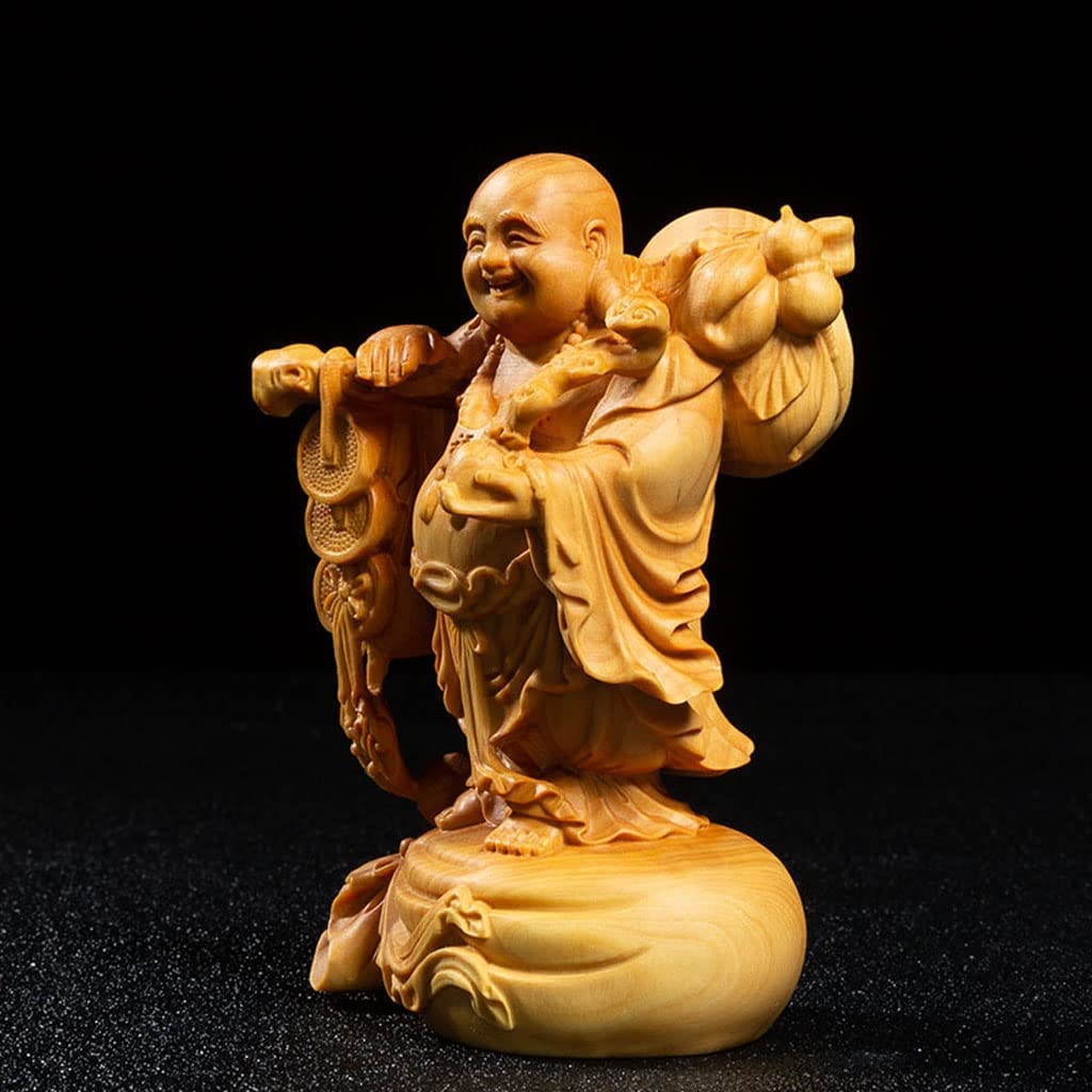 Holzschnitzerei Hotei Buddha Figur von einem der Sieben Glücksgötter 10cm Amulett für Glück und Hochwertiges Buchsbaumholz, Götter, hoch. dfjlwke. Reichtum.