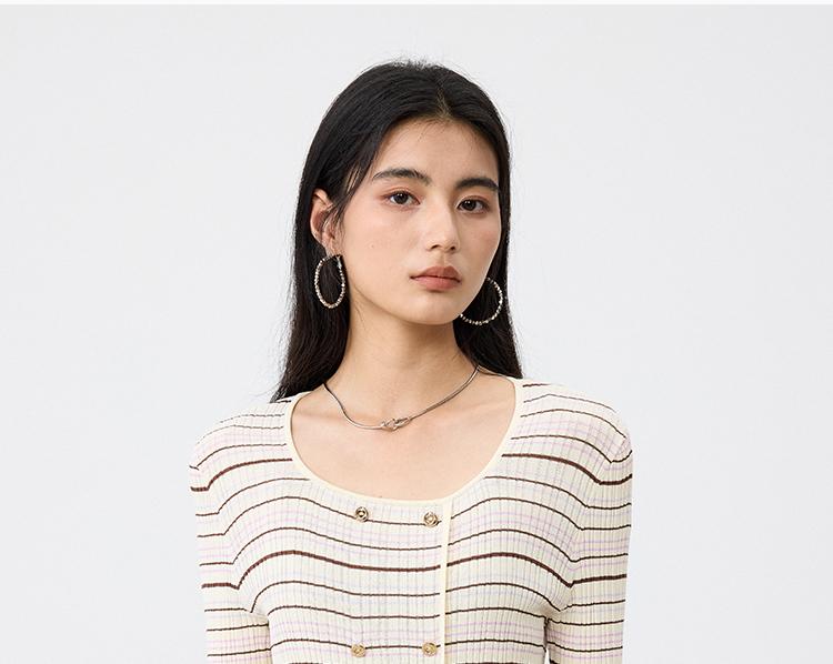 Square Collar Striped Knitted Sweater for Women In the Summer of 2026, Double Breasted Slim Fit and Slimming, Mid Sleeve Style Base Top