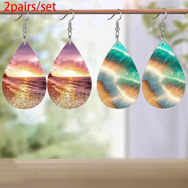 

Серьги из ПУ кожи с рисунком «Закат над океаном/Морские волны», двусторонний принт, легкие серьги-капли для женщин, для повседневной носки, подарок на праздник