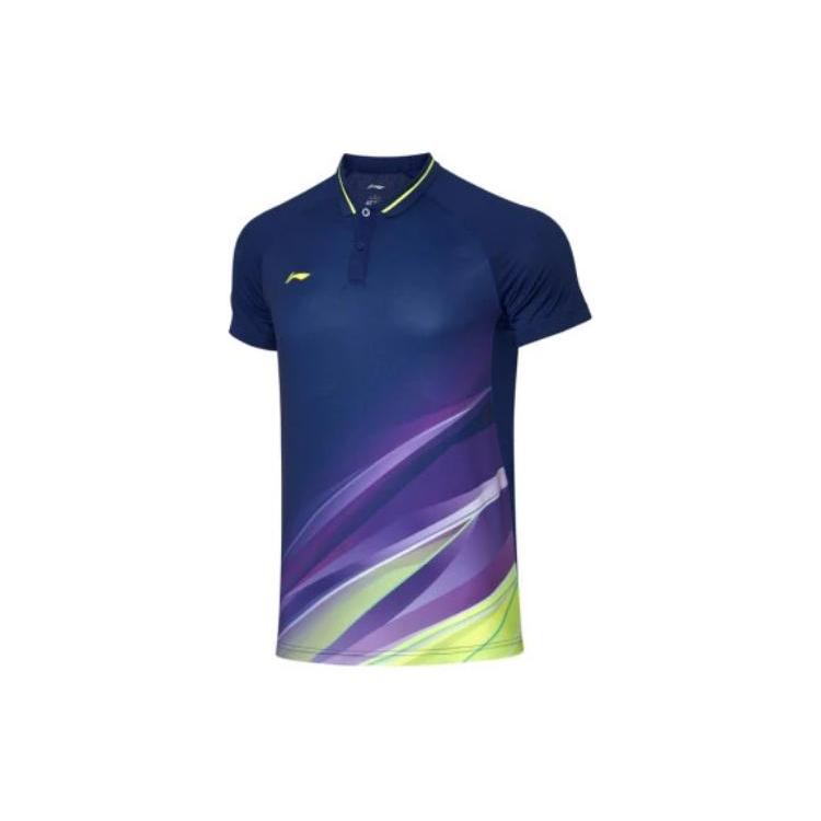 Li Ning Badminton Collection Polo Shirts Men s Blue Polo Collar Moderate Straight Fit APLQ023-1 XL