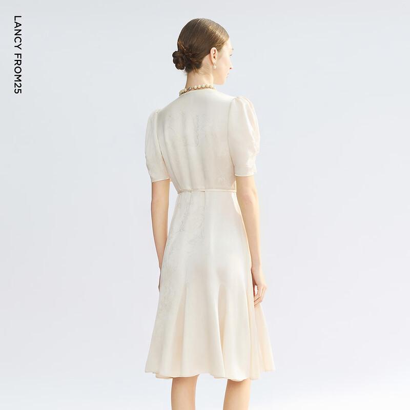 Langzi V-Neck Jacquard Puff Sleeve Midi Dress