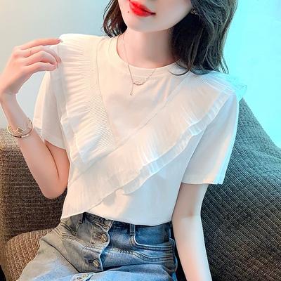 Sladká bílá košile Dámské topy O Límec Volné oblečení Léto Halenka s krátkým rukávem Dámská móda Volánky Šifon Košile Blusas 27167