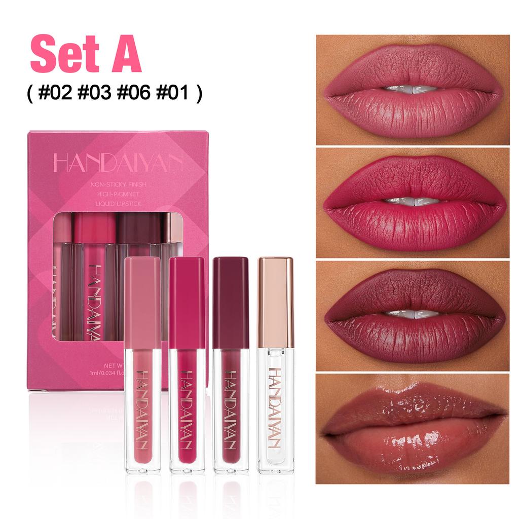 HANDAIYAN 4 Matte Velvet Lip Glaze Set Einfache Farbe Langanhaltend Wasserdicht Schweißfest Nicht-Klebendes Lip Glaze Set