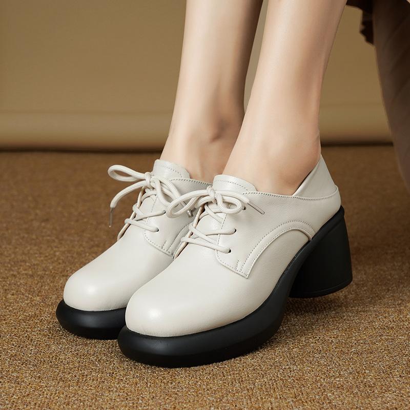 7cm Boty v britském vintage stylu s hlubokým výstřihem z pravé kůže Dámské Oxfords Jaro 2025 Střední blokový podpatek Platforma Lodičky Kancelářské Maminka