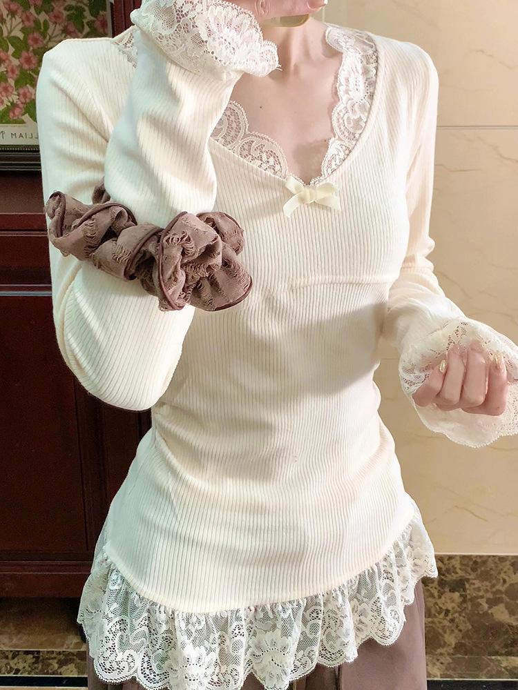 

Women s Slimming Lace-Trim Long-Sleeve Knit Top for Early Autumn 2025 S абрикосовий/вершковий