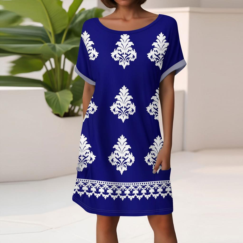 Women's Fashion Short Sleeve Dress With Pockets Floral Print Casual Beach Dress